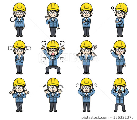 一組插圖，描繪了一位戴著頭盔的中年女工頭。 136321373