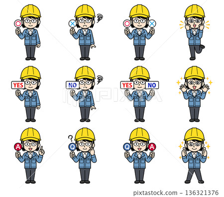 一組插圖，描繪了一位戴著頭盔的中年女工頭。 136321376