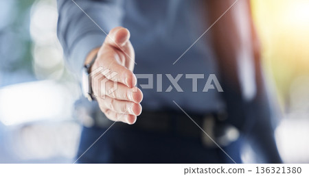Handshake, welcome and introduction with onboarding or thanks, business person and contract agreement. Closeup, interview and meeting with support, trust and human resources, collaboration and b2b 136321380