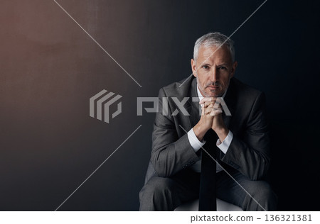 Mockup, chair and portrait of serious businessman, lawyer or attorney with confidence on dark background and studio space. Boss, ceo and professional business owner, proud senior director at law firm Mockup, chair and portrait of serious businessman, lawyer or attorney with confidence on dark background and studio space. Boss, ceo and professional business owner, proud senior director at law firm 136321381