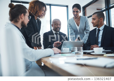 Discussion, planning and business people with computer in office for ideas, marketing strategy and collaboration. Corporate, teamwork and men and women working on report, group project and proposal 136321407