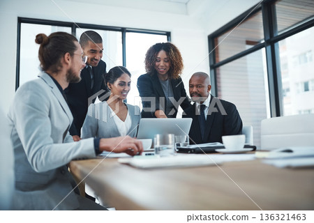 Business people, invest and teamwork with a laptop, meeting and cooperation with a project, trade or planning. Staff, group or coworkers with a pc, discussion or budget with profit growth and talking 136321463