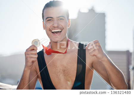 Success, wrestler or portrait of happy man with medal to celebrate winning a wrestling competition with pride. Winner, fitness or excited champion athlete with fighting victory award, gold or prize 136321480