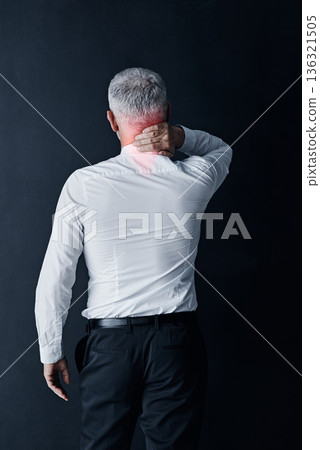 Elderly business man, neck pain and hand for muscle massage, fatigue or stress injury by dark background. Senior executive, entrepreneur or financial advisor with osteoporosis, arthritis or emergency Elderly business man, neck pain and hand for muscle massage, fatigue or stress injury by dark background. Senior executive, entrepreneur or financial advisor with osteoporosis, arthritis or emergency 136321505