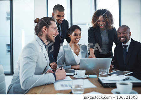 Business people, teamwork and staff with a laptop, meeting and success with profit growth, planning and project. Staff, men and women with a pc, budget or investment with cooperation or collaboration Business people, teamwork and staff with a laptop, meeting and success with profit growth, planning and project. Staff, men and women with a pc, budget or investment with cooperation or collaboration 136321506