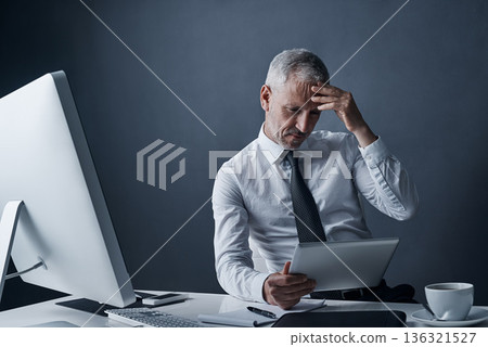 Tablet, problem and elderly business man in studio isolated on a dark background mockup space. Technology, challenge and senior manager at desk for audit, tax or crisis for bankruptcy, debt or fail Tablet, problem and elderly business man in studio isolated on a dark background mockup space. Technology, challenge and senior manager at desk for audit, tax or crisis for bankruptcy, debt or fail 136321527