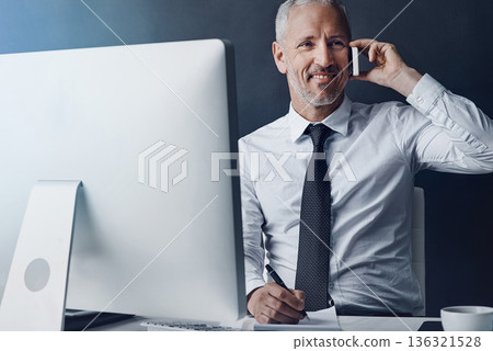 Online communication, mature businessman on a phone call and against studio background with computer at desk, Happy or connectivity, social networking or crm and male person with smartphone planning 136321528