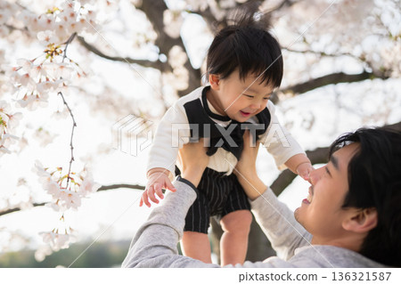 父子倆在櫻花樹下玩耍 136321587