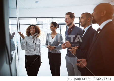 Presentation, strategy and meeting with business people in office for project management, coaching and teamwork. Chart, idea and speaker with woman in workshop for training, seminar and planning 136321623