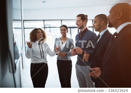 Presentation, clients and meeting with business people in office for project management, coaching and strategy. Chart, idea and speaker with woman in workshop for training, seminar and planning 136321624