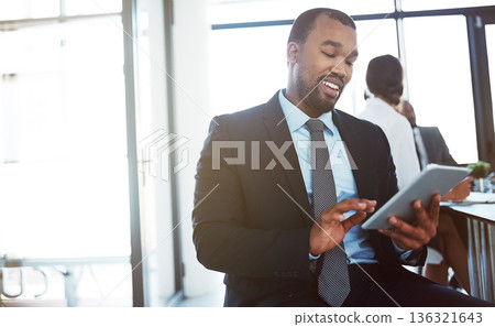 Tablet, accountant and black man in office for business, research or online browsing. Happy, digital technology or corporate African auditor, person or professional reading email, internet app or web 136321643