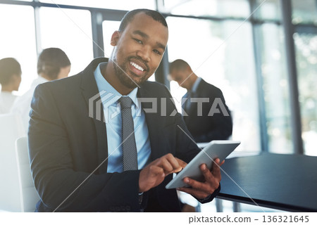Tablet, lawyer and portrait of man in office for business, research app or online browsing. Face, technology and smile of corporate African attorney, person or professional sitting in company. 136321645