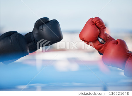 Hands, boxing gloves or sports training, exercise or fist punching with strong power in workout. Background, fitness athletes or combat warriors ready for boxing or fighting in a mma practice match 136321648