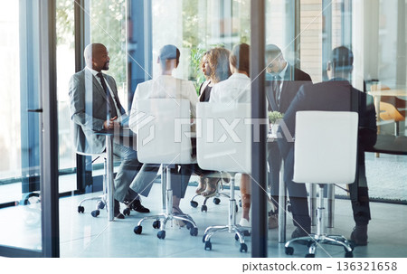 Boardroom, discussion and teamwork with solution and leader at company for development. Ideas, feedback and employees with conversation for report with client at company for project or collaboration. 136321658