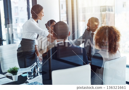 Business people, meeting and shaking hands with corporate group, respect or agreement with contract. Executive men, woman and welcome with ceo, onboarding or hiring for collaboration at finance job 136321661