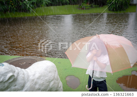 一個孩子在瓢潑大雨中撐傘行走 136321663