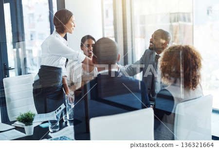 Business people, meeting and hand shake with corporate group, respect or agreement for contract. Executive men, woman and shaking hands with ceo, onboarding or hiring for collaboration at finance job 136321664