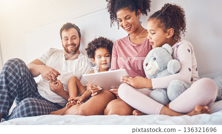 Happy family, bed and tablet streaming, movies or games while bonding, relax and play in their home. Online, subscription and children with parents in a bedroom for entertainment, fun and watching Happy family, bed and tablet streaming, movies or games while bonding, relax and play in their home. Online, subscription and children with parents in a bedroom for entertainment, fun and watching 136321696