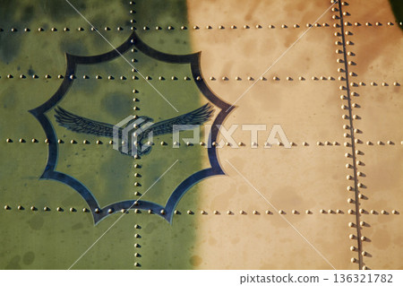 Military, paint icon or symbol on vehicle, airplane or helicopter with camouflage, eagle or bird in closeup of logo. Army, badge or icon design on service aircraft, tank or plane with green painting. Military, paint icon or symbol on vehicle, airplane or helicopter with camouflage, eagle or bird in closeup of logo. Army, badge or icon design on service aircraft, tank or plane with green painting. 136321782