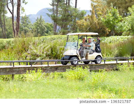 Golf cart, old couple or golfers driving on field in fitness workout or exercise on green course together. Mature male driver, senior woman golfing or people training in sports game in retirement Golf cart, old couple or golfers driving on field in fitness workout or exercise on green course together. Mature male driver, senior woman golfing or people training in sports game in retirement 136321787
