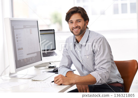 Business man, portrait and computer web design of a IT professional at an office desk. Success, cyber company and digital website of a happy young employee with pc online at a startup workplace Business man, portrait and computer web design of a IT professional at an office desk. Success, cyber company and digital website of a happy young employee with pc online at a startup workplace 136321805