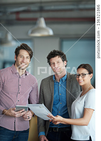 Team planning, portrait or business people with smile in meeting for brainstorming together in office. Diversity, digital or happy employees smiling with technology, notes or documents in workplace 136321866