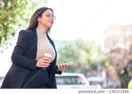 Business woman, phone and coffee in city walking to work with social media, email and networking online. Young professional worker, employee or person for carbon footprint travel and mobile chat Business woman, phone and coffee in city walking to work with social media, email and networking online. Young professional worker, employee or person for carbon footprint travel and mobile chat 136321896