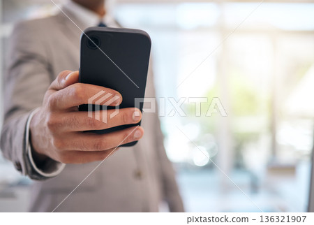 Hands, business man and typing with phone for social network information, mobile internet and search website. Closeup, office worker and smartphone to contact, digital news app and technology space Hands, business man and typing with phone for social network information, mobile internet and search website. Closeup, office worker and smartphone to contact, digital news app and technology space 136321907