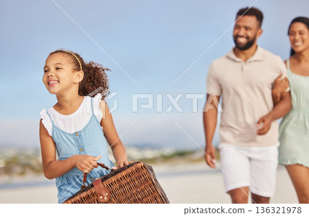 Happy family, parents or kid walking for beach picnic to relax on fun summer holiday vacation together. Excited dad and mother or excited young girl bonding, smiling or holding basket at seashore Happy family, parents or kid walking for beach picnic to relax on fun summer holiday vacation together. Excited dad and mother or excited young girl bonding, smiling or holding basket at seashore 136321978