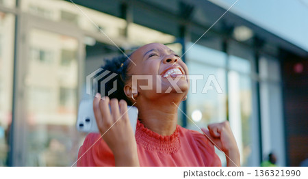 Phone, city and black woman celebrate good news, achievement or excited for opportunity success announcement. Wow, promotion and professional employee or person with winning notification app Phone, city and black woman celebrate good news, achievement or excited for opportunity success announcement. Wow, promotion and professional employee or person with winning notification app 136321990