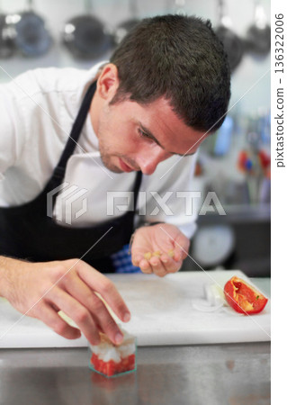 Chef, cooking and food with man in kitchen for luxury, hospitality and catering. Fine dining, gourmet and dinner with male cook in hotel restaurant for menu, cuisine and meal preparation Chef, cooking and food with man in kitchen for luxury, hospitality and catering. Fine dining, gourmet and dinner with male cook in hotel restaurant for menu, cuisine and meal preparation 136322006