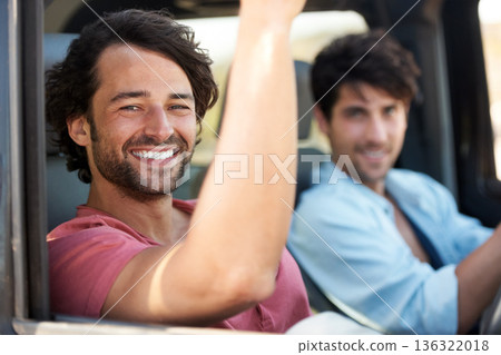 Happy, travel and portrait of men in a car for a drive, road trip or holiday together. Smile, journey and friends driving in transportation for vacation, happiness or an adventure or bonding 136322018