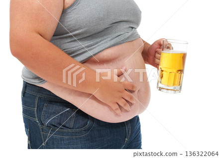 Beer, weight gain and plus size stomach in a studio with alcohol problem with gut health issue. Heavy, overweight and drinking carbs with unhealthy body and alcoholic drink with high calories Beer, weight gain and plus size stomach in a studio with alcohol problem with gut health issue. Heavy, overweight and drinking carbs with unhealthy body and alcoholic drink with high calories 136322064