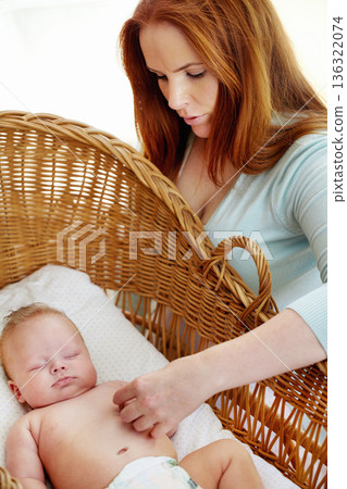 Woman, baby sleeping and home bedroom with morning nap, tired yawn and parent love in nursery. Newborn, mother and mama care with young child with mom in a house with childcare in bed with support 136322074