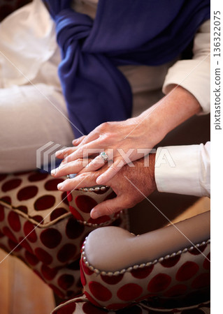 Closeup, holding hands and senior couple with empathy, care and comfort with grief, loss and solidarity with marriage. Zoom, old woman and elderly man bonding, fingers and trust with support and love 136322075