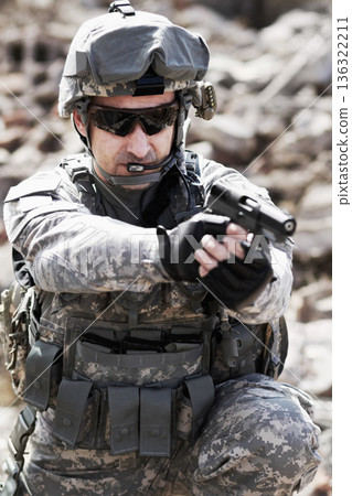 Soldier man, pistol and outdoor with aim, field or nature for war, fight or army in countryside. Military service, battlefield and agent with weapon, gear or helmet with focus for conflict in Ukraine Soldier man, pistol and outdoor with aim, field or nature for war, fight or army in countryside. Military service, battlefield and agent with weapon, gear or helmet with focus for conflict in Ukraine 136322211