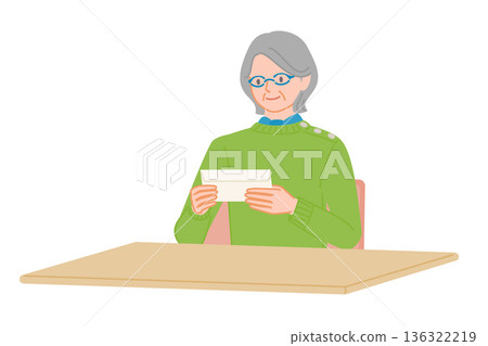 A senior woman checking an envelope with both hands. Illustration of an elderly person completing procedures at a desk. 136322219