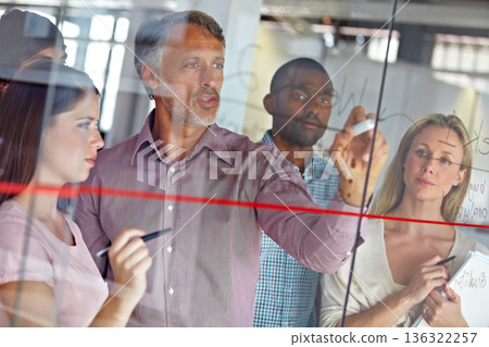 Business people in brainstorming meeting, ideas on glass board for creative project at digital marketing startup and teamwork. Senior man team leader, collaboration and strategy with market research 136322257