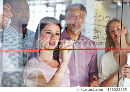 People in brainstorming meeting, writing ideas on glass for creative business project at marketing startup and teamwork. Woman team leader, collaboration and strategy plan with market research 136322265