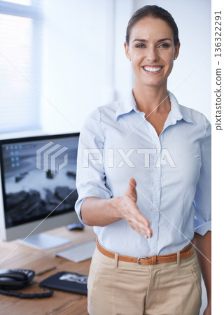 Handshake, offer and portrait of happy business woman, recruitment manager and consultant in France. Person in human resources shaking hands, welcome and thank you for introduction, deal and trust Handshake, offer and portrait of happy business woman, recruitment manager and consultant in France. Person in human resources shaking hands, welcome and thank you for introduction, deal and trust 136322291
