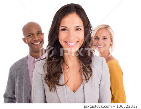 Business woman, leadership and face with smile, team in portrait and confidence isolated on white background. Success, professional collaboration and corporate group with motivation and female leader Business woman, leadership and face with smile, team in portrait and confidence isolated on white background. Success, professional collaboration and corporate group with motivation and female leader 136322312