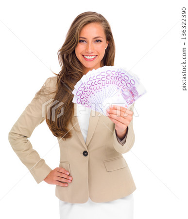 Business woman, portrait and money in finance for wealth, winning or salary against a white studio background. Isolated happy female person or model with cash fan and smile for financial freedom 136322390