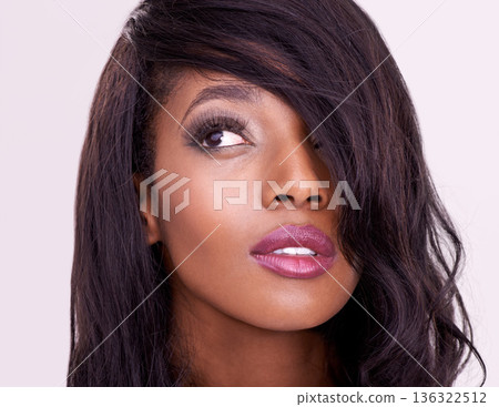 Beauty, thinking and makeup on face of black woman in studio for hair extension, cosmetics or glow. Headshot of african female model on pink background for facial shine, skin care or luxury aesthetic Beauty, thinking and makeup on face of black woman in studio for hair extension, cosmetics or glow. Headshot of african female model on pink background for facial shine, skin care or luxury aesthetic 136322512