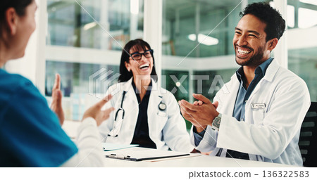 Doctor, nurse and applause in meeting for healthcare results, report success or residency achievement. Medical people, celebration and excited for bonus, promotion and thank you or praise in hospital Doctor, nurse and applause in meeting for healthcare results, report success or residency achievement. Medical people, celebration and excited for bonus, promotion and thank you or praise in hospital 136322583