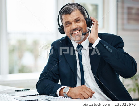 Portrait, call center and mature man happy for business, customer service and listening for support. Face smile, telemarketing and professional, sales agent or consultant working at help desk for crm 136322676