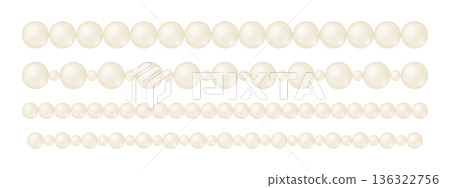Set of straight strings of pearls isolated on white background. Threads of pearlescent beads for luxury bracelet or necklace. Beautiful decorative design elements. Vector realistic illustration Set of straight strings of pearls isolated on white background. Threads of pearlescent beads for luxury bracelet or necklace. Beautiful decorative design elements. Vector realistic illustration 136322756