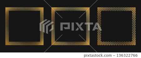 Set of golden square frames with dotted borders. Gold quadrangular shapes with mosaic, confetti or gritty texture isolated on black background. Luxury modern design elements. Vector illustration 136322766