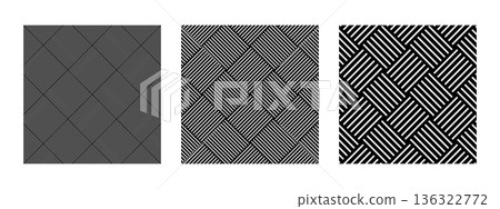 Black and white wicker basket textures in diagonal arrangement. Floor or wall tile with crossed stripes pattern. Abstract geometric prints. Simple textile structures. Vector graphic illustration Black and white wicker basket textures in diagonal arrangement. Floor or wall tile with crossed stripes pattern. Abstract geometric prints. Simple textile structures. Vector graphic illustration 136322772