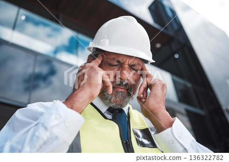 Headache problem, city architect and man depressed over development project, property mistake or anxiety. Urban face, architecture and senior person with migraine, civil engineering fail or stress Headache problem, city architect and man depressed over development project, property mistake or anxiety. Urban face, architecture and senior person with migraine, civil engineering fail or stress 136322782