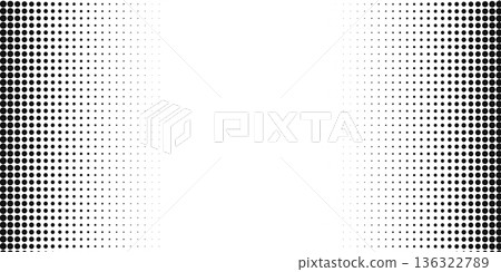 Left and right borders with dotted halftoned effect and empty space in center. Faded polka dot pattern. Wallpaper with grain, pixel or mosaic texture. Anime page template. Vector graphic illustration 136322789